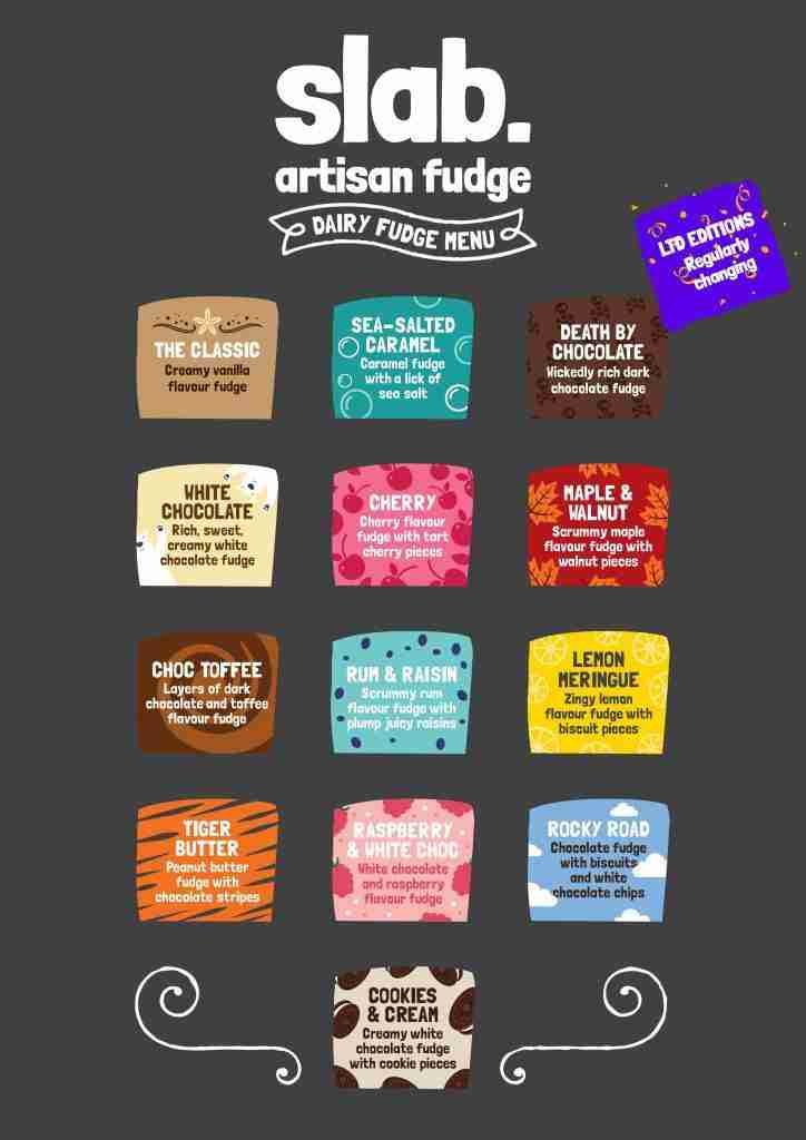 Slab Artisan Fudge - Dairy Flavour Menu
